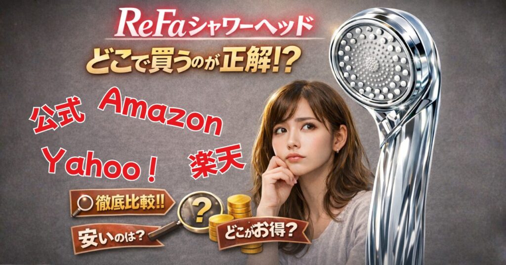 ReFaシャワーヘッドを公式・楽天・Amazon・Yahooで比較し、お得な購入方法や最安の選び方を解説したブログ記事のサムネイル画像