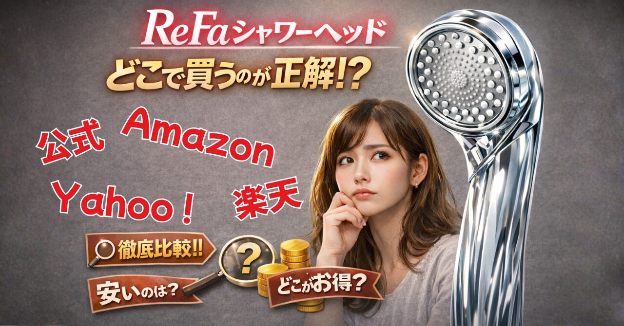 ReFaシャワーヘッドを公式・楽天・Amazon・Yahooで比較し、お得な購入方法や最安の選び方を解説したブログ記事のサムネイル画像